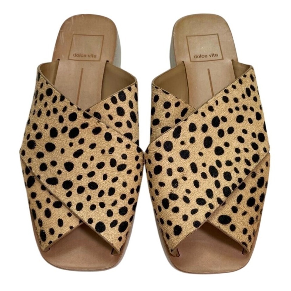 Dolce Vita Women's Slide‎ Chunky Sandals Size 6 Leopard Print Calf Hair Peep Toe